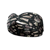 Lines, Vines & Felines black headband featuring curled up cats by coffee cups and planters and books, crafted from a buttery-soft, ultra-stretchy poly-knit blend, designed for reliable non-slip comfort.