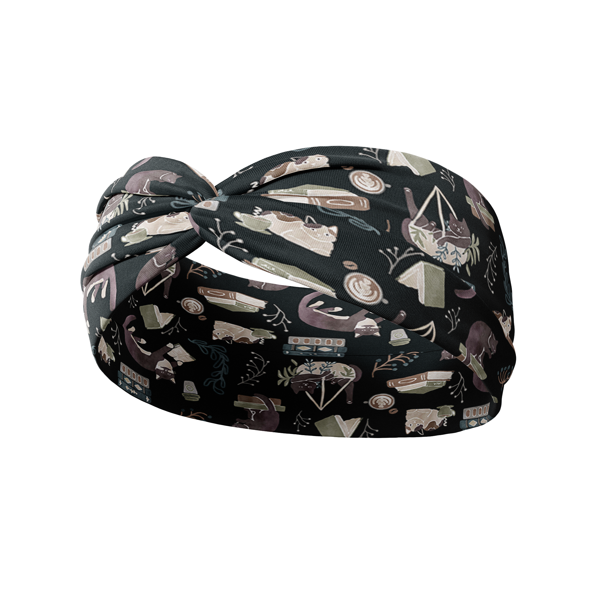 Lines, Vines & Felines black headband featuring curled up cats by coffee cups and planters and books, crafted from a buttery-soft, ultra-stretchy poly-knit blend, designed for reliable non-slip comfort.