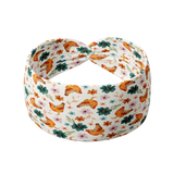 White headband featuring floral and chicken patterns called Hen & Harvest, offering a versatile 3-in-1 twist style with sweat-absorbent, non-slip fabric for comfort and style.