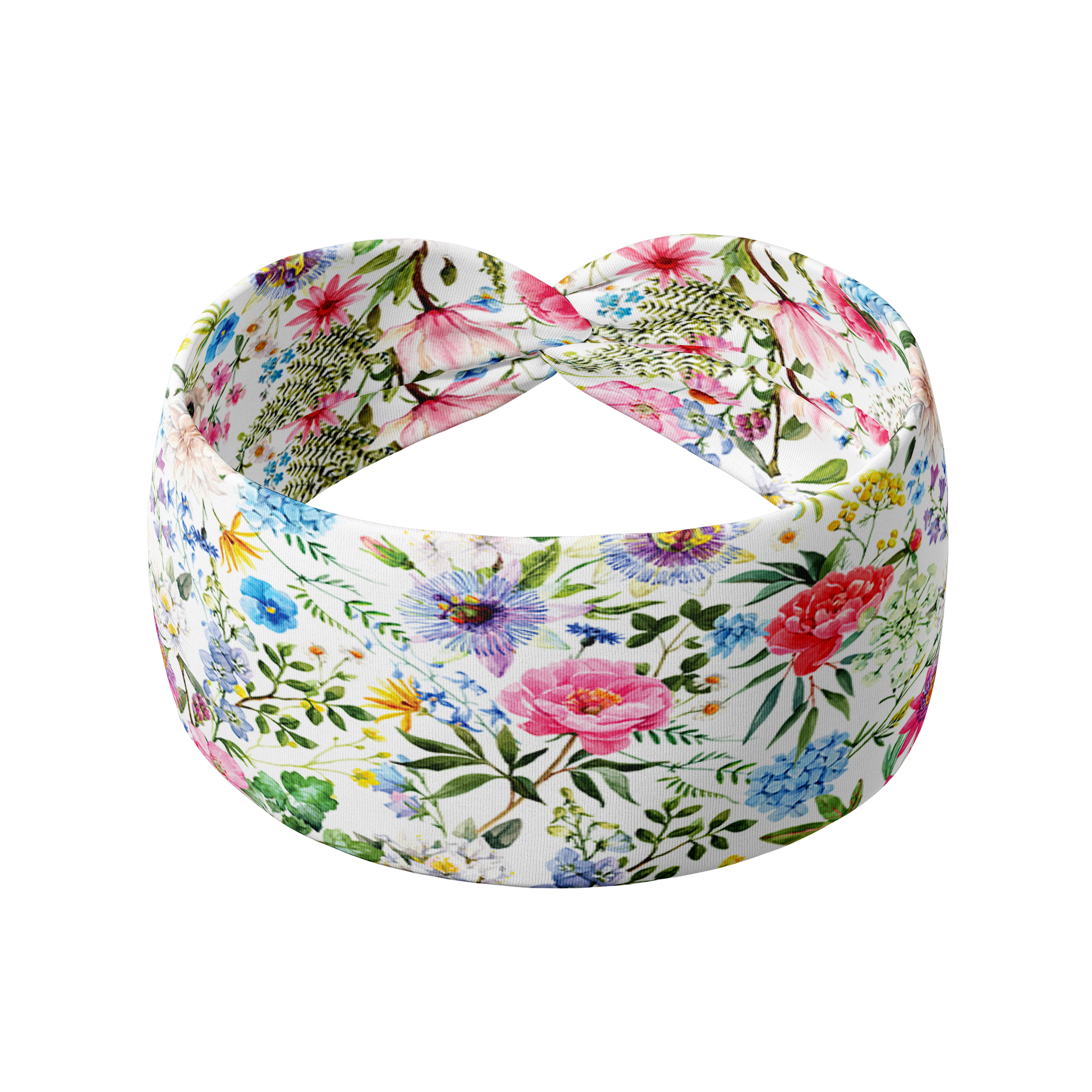 Isabella Floral on Ivory headband featuring purple, blue and pink flowers, crafted from a buttery-soft, ultra-stretchy poly-knit blend, designed for versatility and comfort.