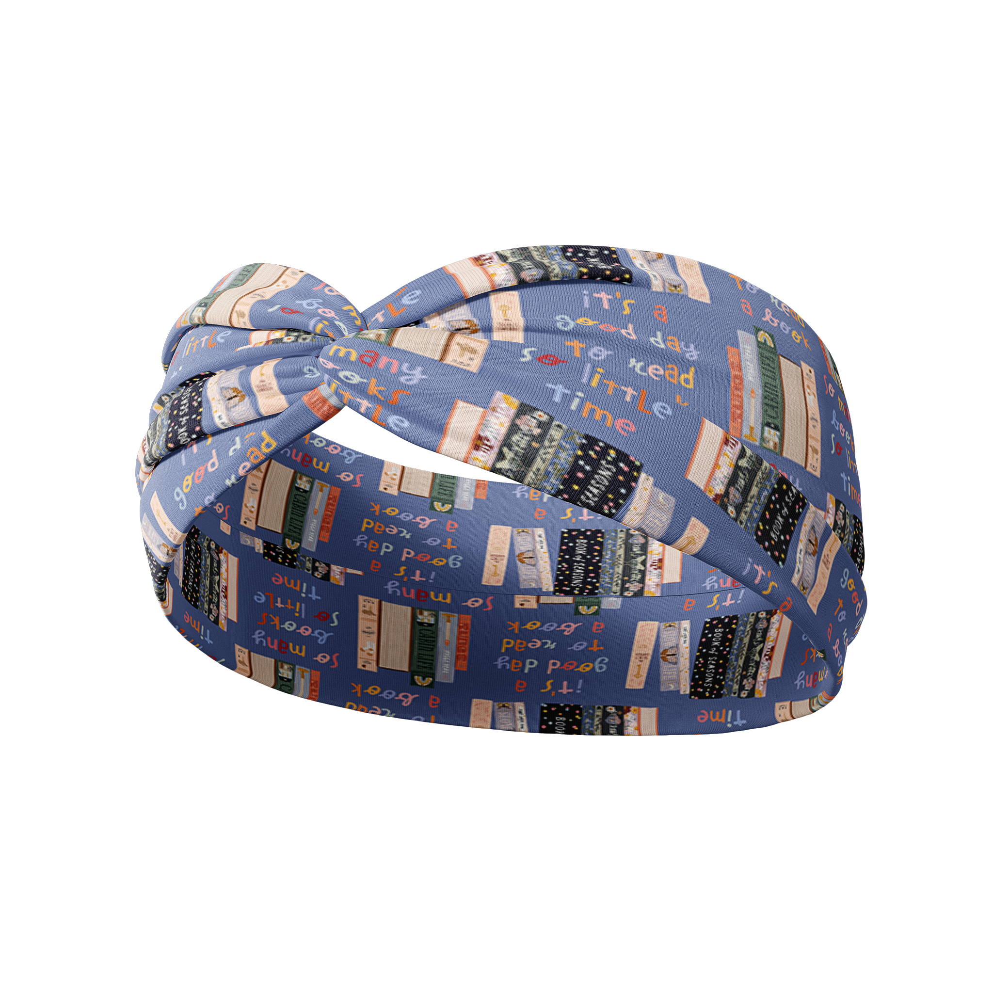 Fully Booked blue headband featuring books on a bookshelf and handwritten scripts of "so many books, so little time" and "It's a good day to read a book", crafted from a buttery-soft, ultra-stretchy poly-knit blend, designed for reliable non-slip comfort.