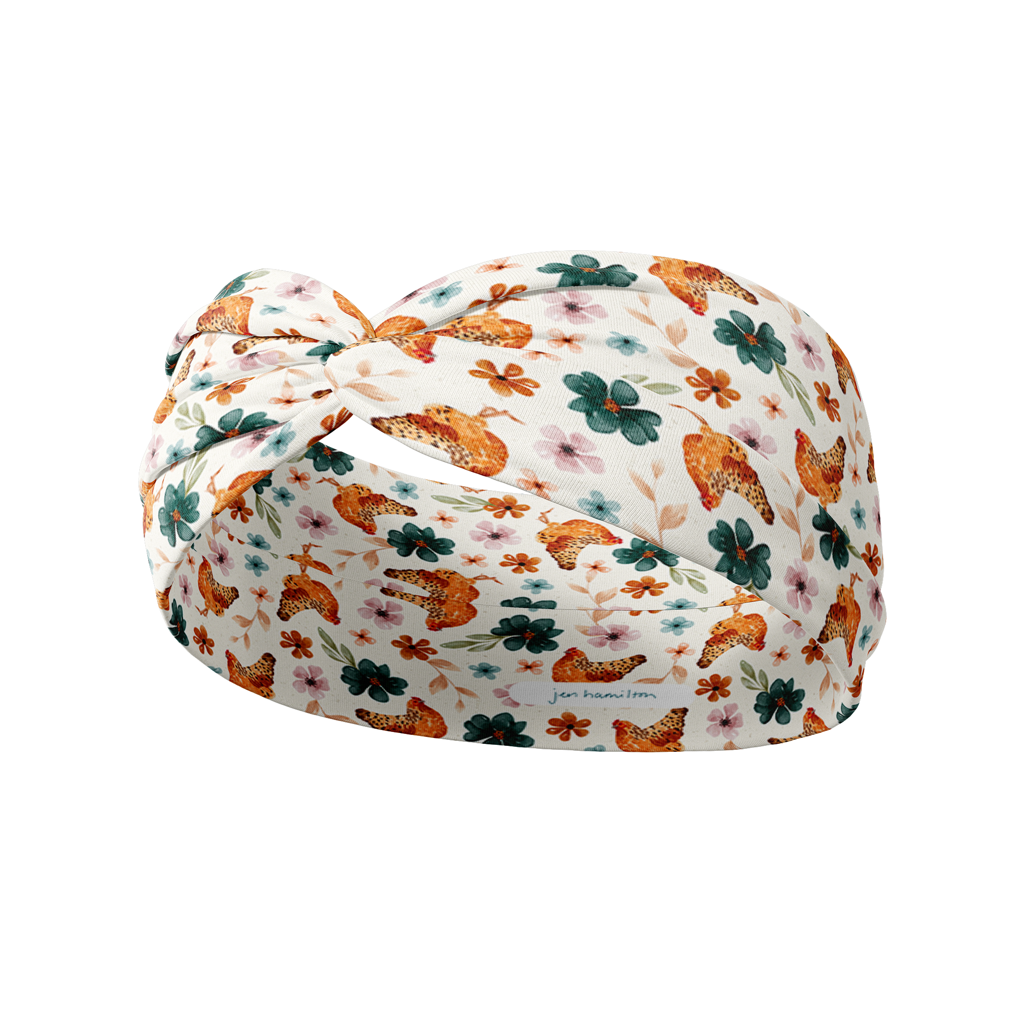 White headband featuring floral and chicken patterns called Hen & Harvest, offering a versatile 3-in-1 twist style with sweat-absorbent, non-slip fabric for comfort and style.