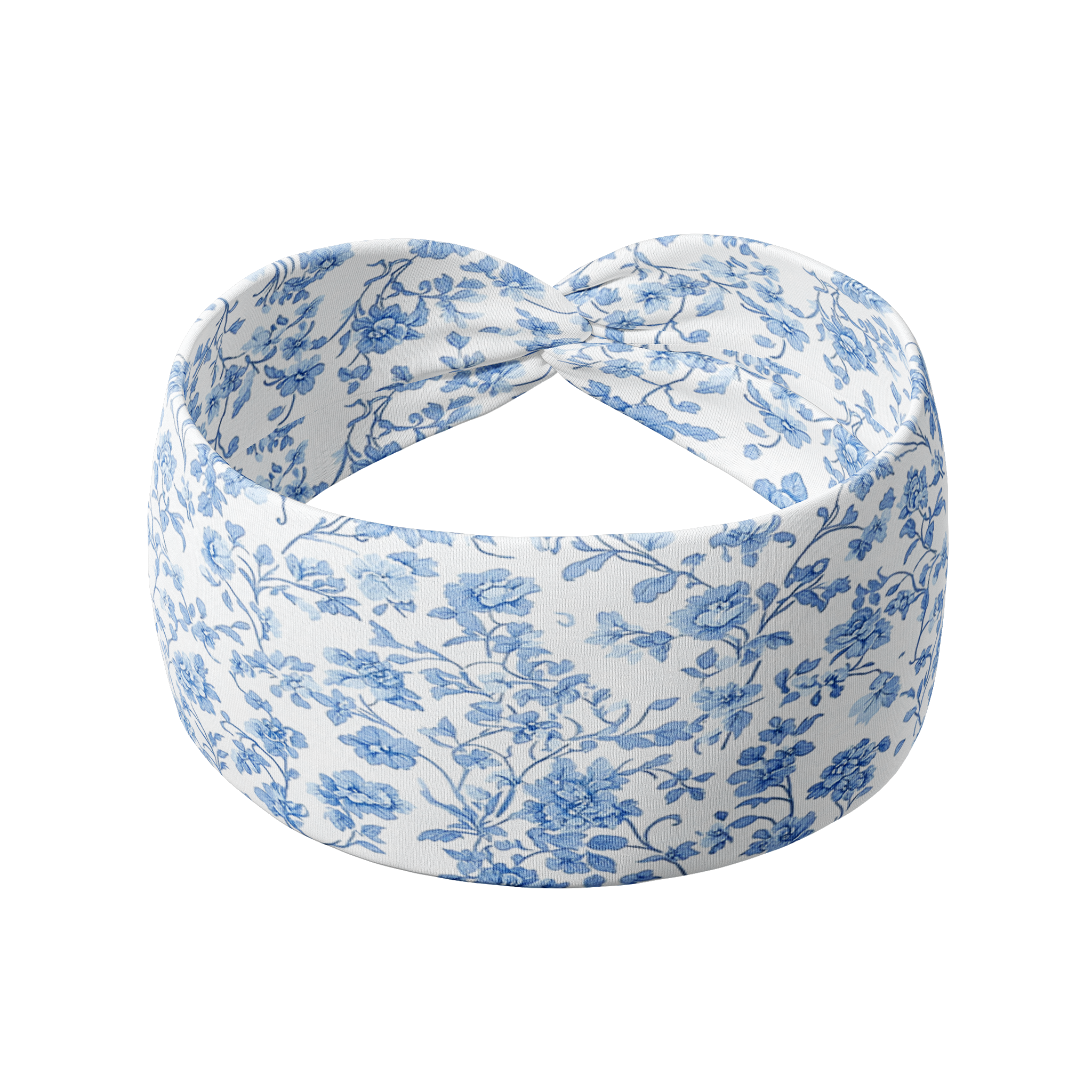 Daisy Floral on Ivory white headband featuring delicate blue flower print, crafted from a buttery-soft, ultra-stretchy poly-knit blend, the most comfortable hair accessory ever.