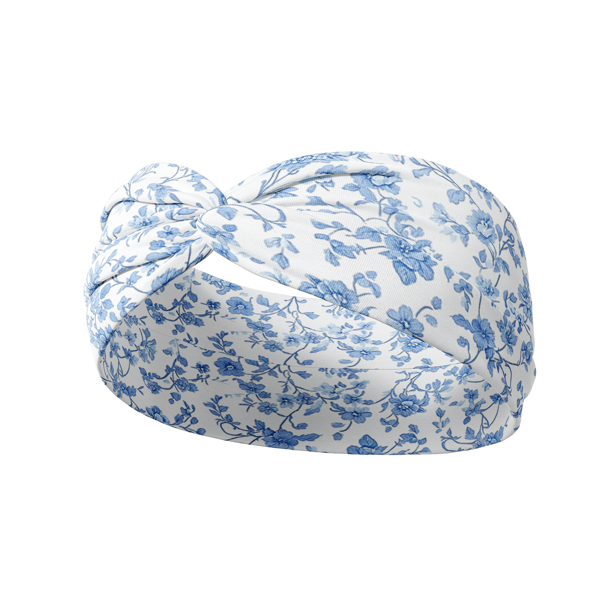 Daisy Floral on Ivory white headband featuring delicate blue flower print, crafted from a buttery-soft, ultra-stretchy poly-knit blend, the most comfortable hair accessory ever.