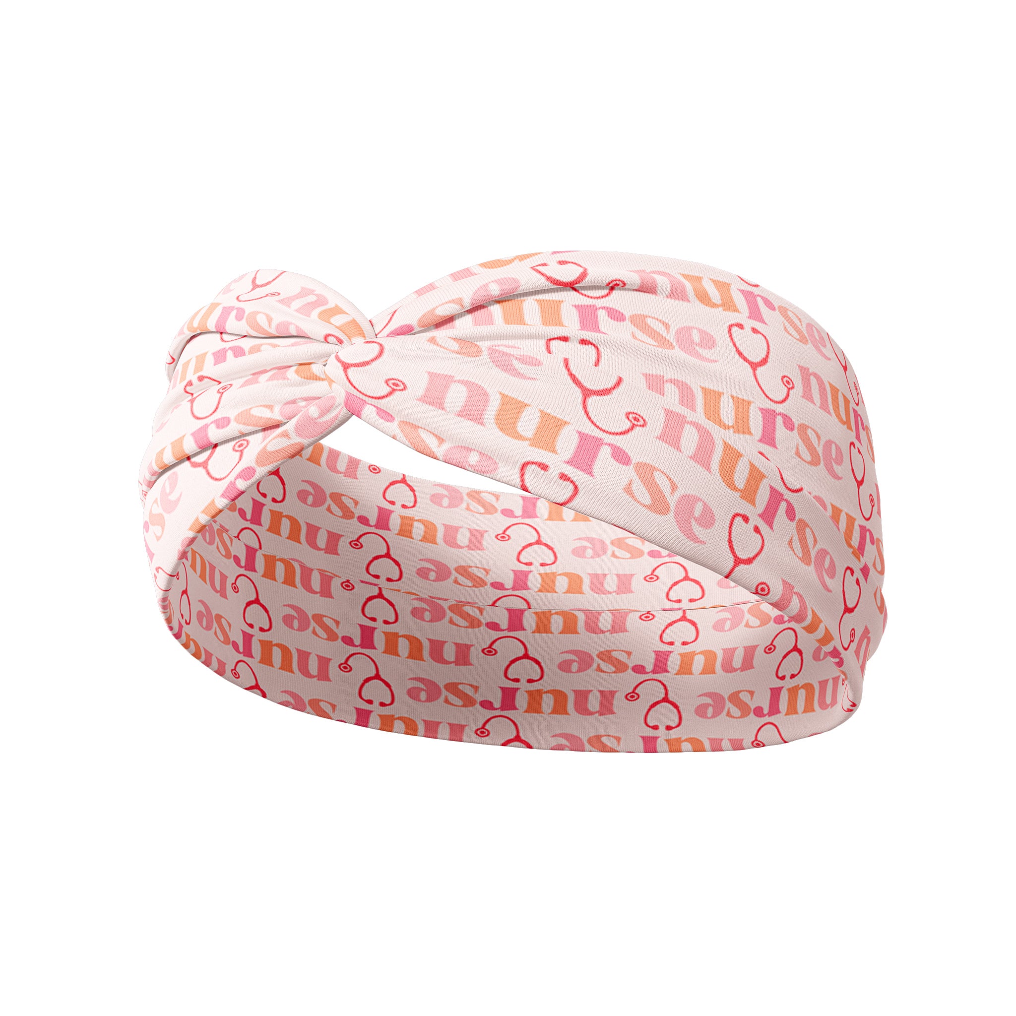 Light pink headband featuring a knot design, showcasing a stethoscope and "nurse" script design, buttery-soft poly-knit blend; versatile 3-in-1 twist style from The Jen Hamilton Collection.