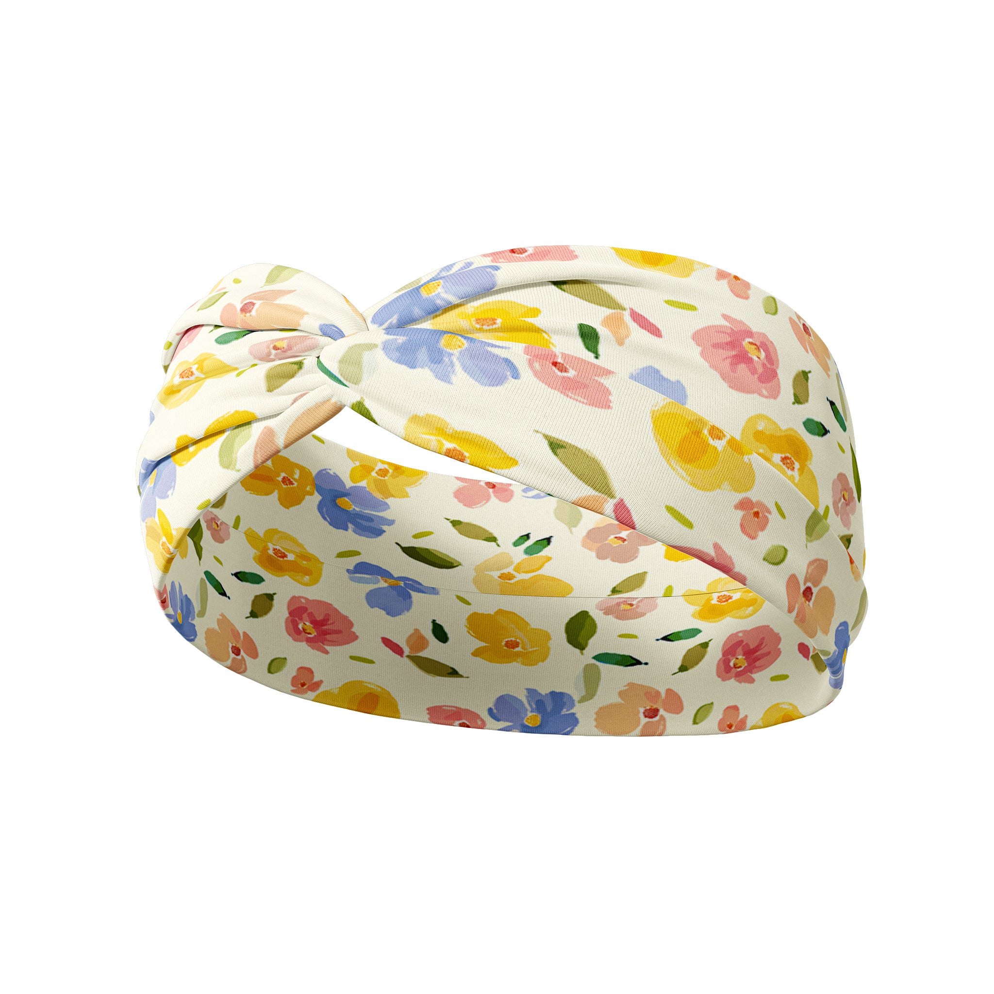 Juniper Floral on Ivory headband featuring watercolor flowers with periwinkle, pink and butter yellow, crafted from a buttery-soft, ultra-stretchy poly-knit blend, designed for versatility and comfort.