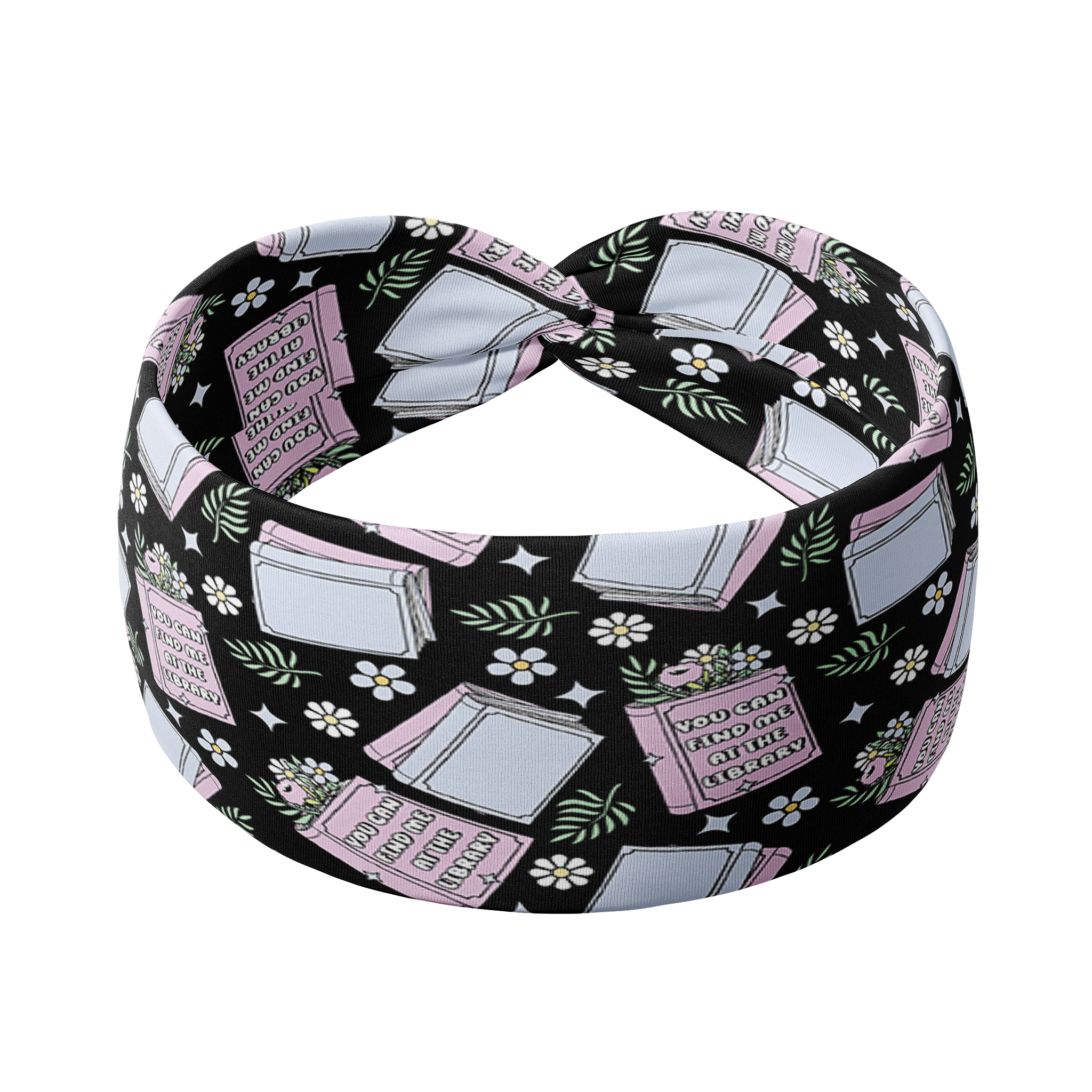 A Uniquely Portable Magic headband with a book and floral pattern, designed for confidence and functionality. Features include a 3-in-1 twist style, sweat-absorbent fabric, and a comfortable poly-knit blend. Sizes for women and children available.