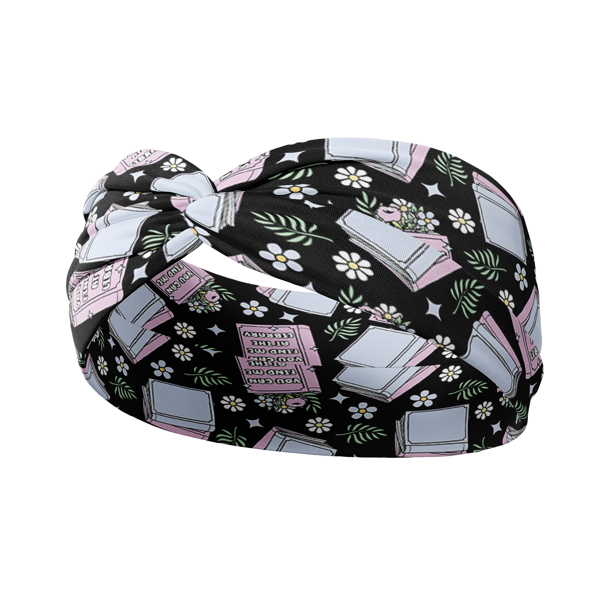 A Uniquely Portable Magic headband with a book and floral pattern, designed for confidence and functionality. Features include a 3-in-1 twist style, sweat-absorbent fabric, and a comfortable poly-knit blend. Sizes for women and children available.