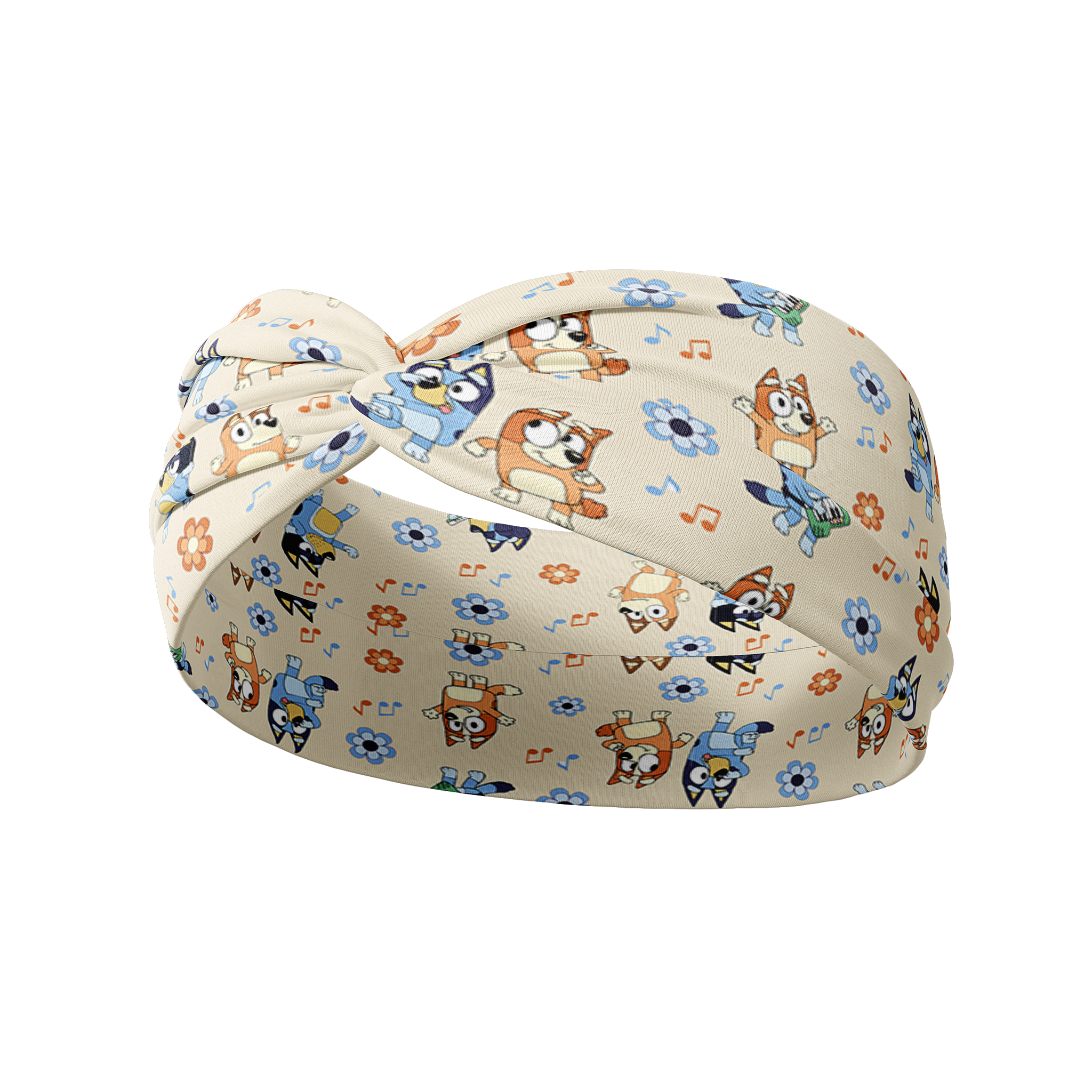 Heeler at Heart tan headband featuring Bluey characters, coordinating daisies and musical notes, crafted from a buttery-soft, ultra-stretchy poly-knit blend, the most comfortable hair accessory ever.
