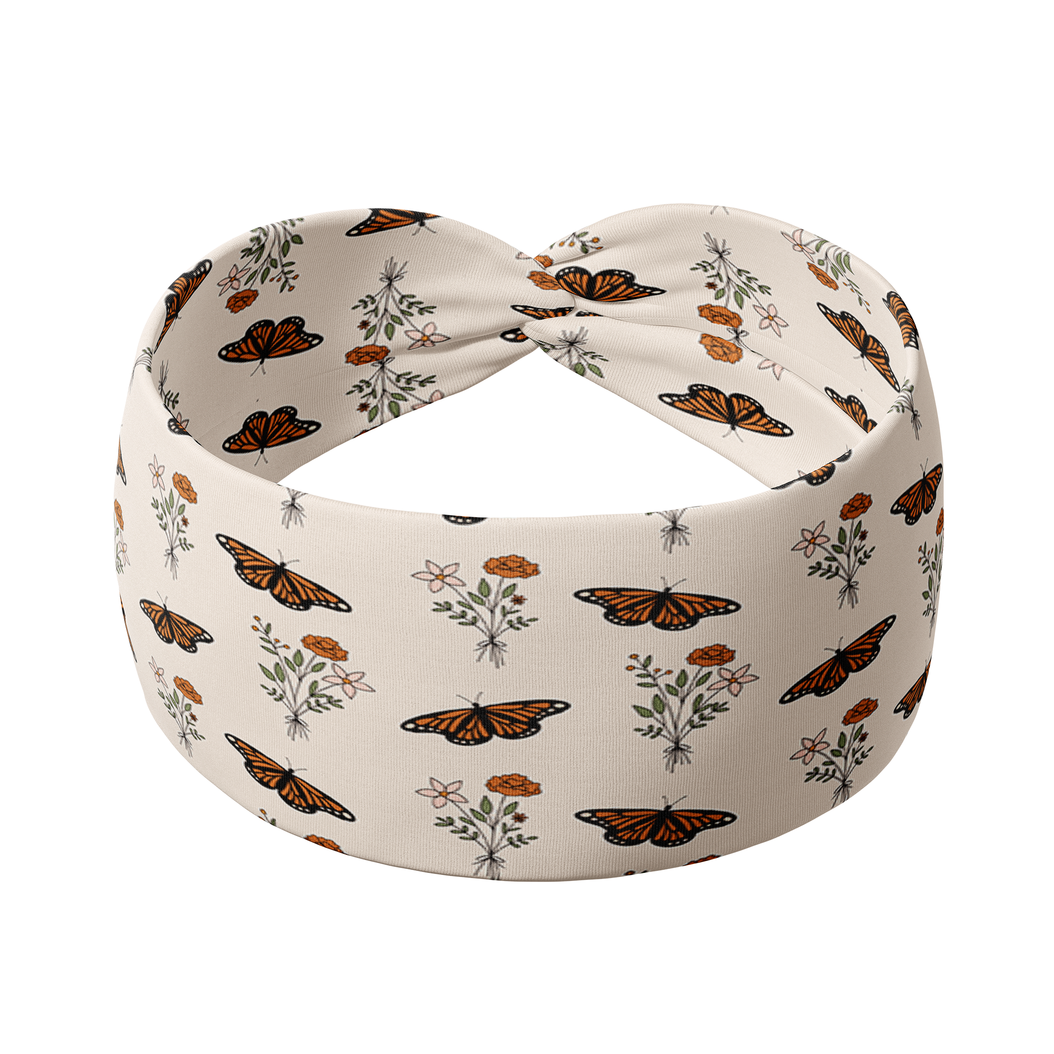 A tan Begin Again headband featuring delicate butterflies and small wildflower bouquets, designed for confidence and functionality. Machine washable, ultra-stretchy poly-knit blend, with a versatile 3-in-1 twist style. Ideal for workouts, shifts, or play.