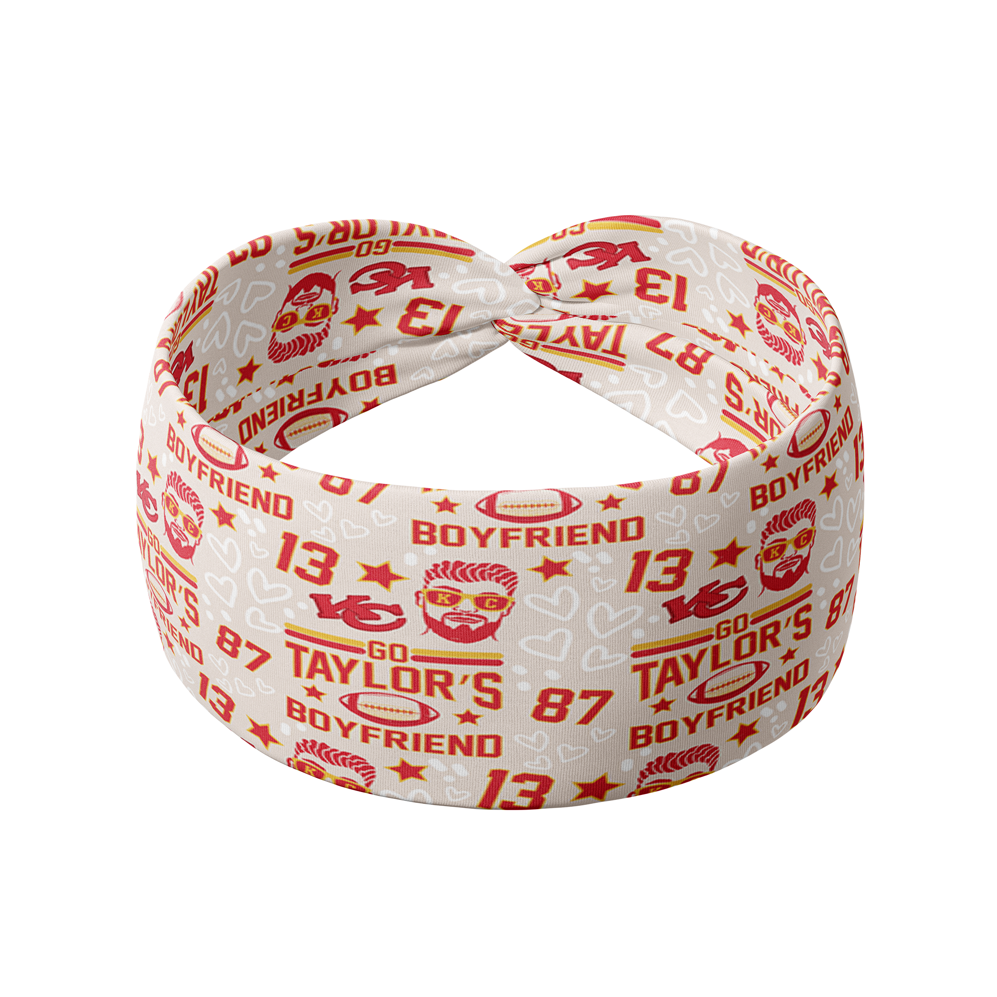 Adult women's grey headband with red and yellow drawings of Travis Kelce, his jersey number, KC Chiefs and hand-drawn hearts that says 'Go Taylor Swift's Boyfriend'