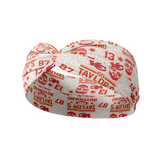 Adult women's grey headband with red and yellow drawings of Travis Kelce, his jersey number, KC Chiefs and hand-drawn hearts that says 'Go Taylor Swift's Boyfriend'