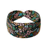 Adult women's black headband with mustard and pink flowers and green and teal greenery