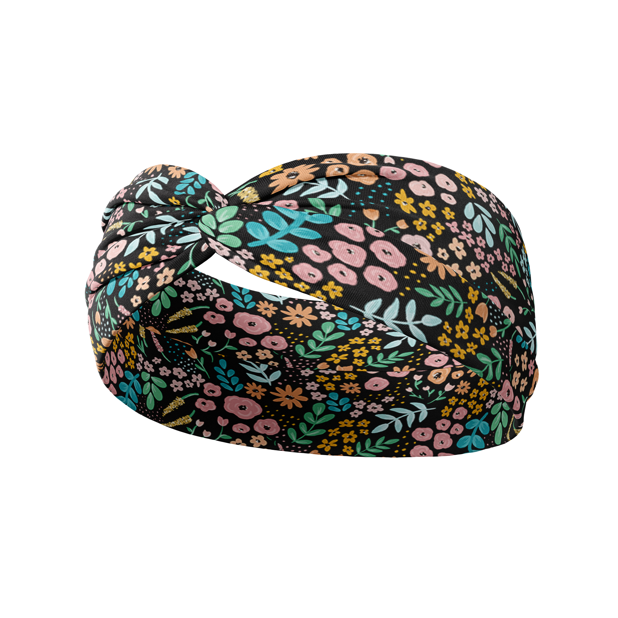 Adult women's black headband with mustard and pink flowers and green and teal greenery