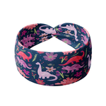 Adult women's black headband with pink, red and purple herbivore dinosaurs with pink and purple floral print