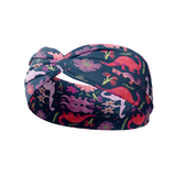 Adult women's black headband with pink, red and purple herbivore dinosaurs with pink and purple floral print