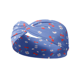 Cherry on Top headband featuring white flowers and red cherries on a blue background. Versatile, non-slip design, ideal for workouts, long shifts, or casual wear.