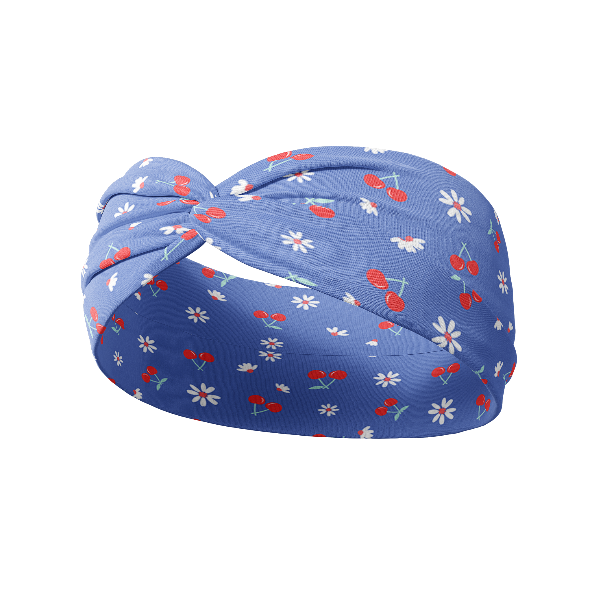 Cherry on Top headband featuring white flowers and red cherries on a blue background. Versatile, non-slip design, ideal for workouts, long shifts, or casual wear.