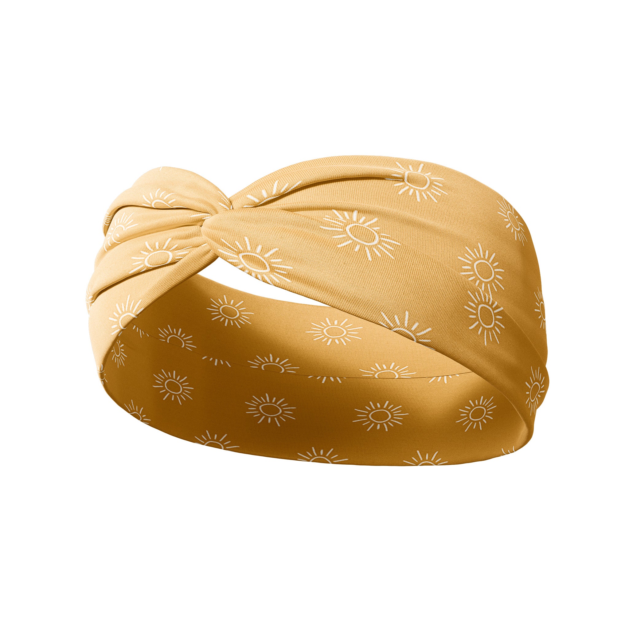 Bring the Weather headband featuring a golden yellow headband with white sun designs, ultra-stretchy material, and a versatile twist style for comfort and charm from The Jen Hamilton Collection.