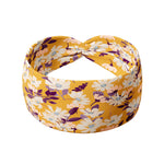 Autumn Daisy headband featuring a golden yellow and white and purple floral design, crafted from ultra-stretchy poly-knit blend, offering multiple wear styles for comfort and versatility from the Jen Hamilton Collection.