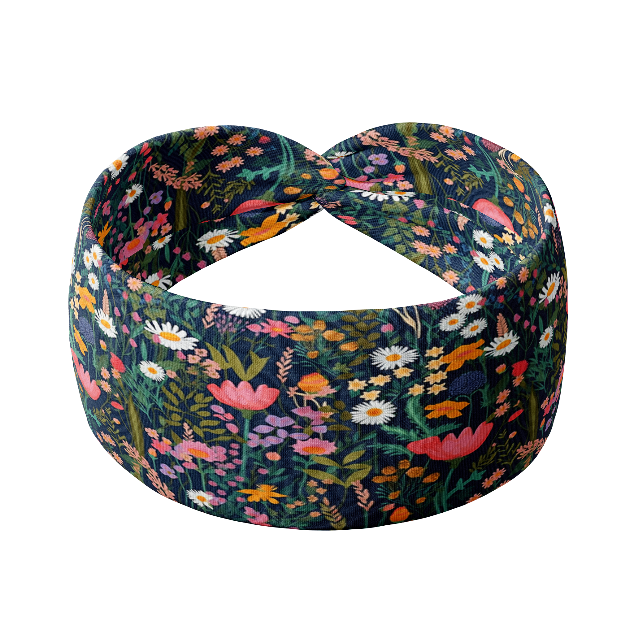 The Courtney Floral on Navy headband featuring a floral pattern, designed for confidence and functionality. Versatile 3-in-1 twist style, sweat-absorbent, non-slip, machine washable, and ultra-soft poly-knit blend. Sizes for women and children.