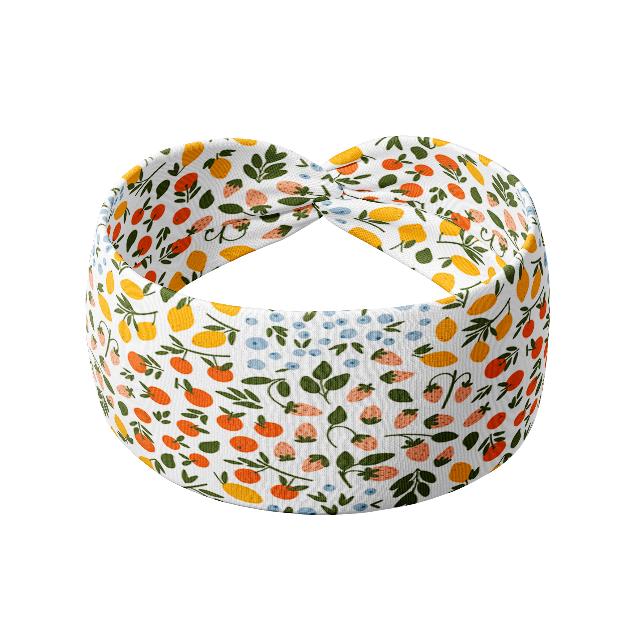 The white Fresh from The Market headband with a lemon, orange, strawberry and blueberry design, made from buttery-soft poly-knit fabric.