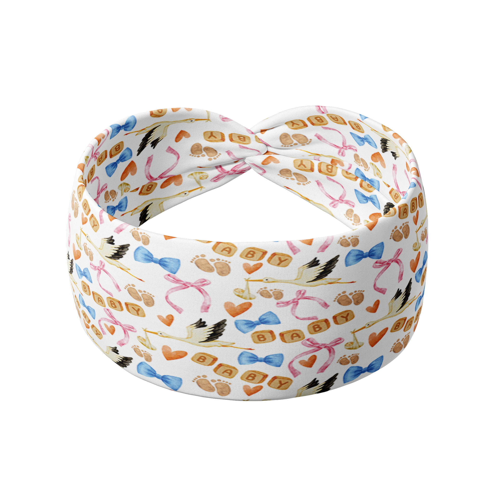 It's a Great Day in the Laborhood white headband featuring pink and blow bows, baby feet, storks and hearts, crafted from a buttery-soft, ultra-stretchy poly-knit blend, the most comfortable hair accessory ever.