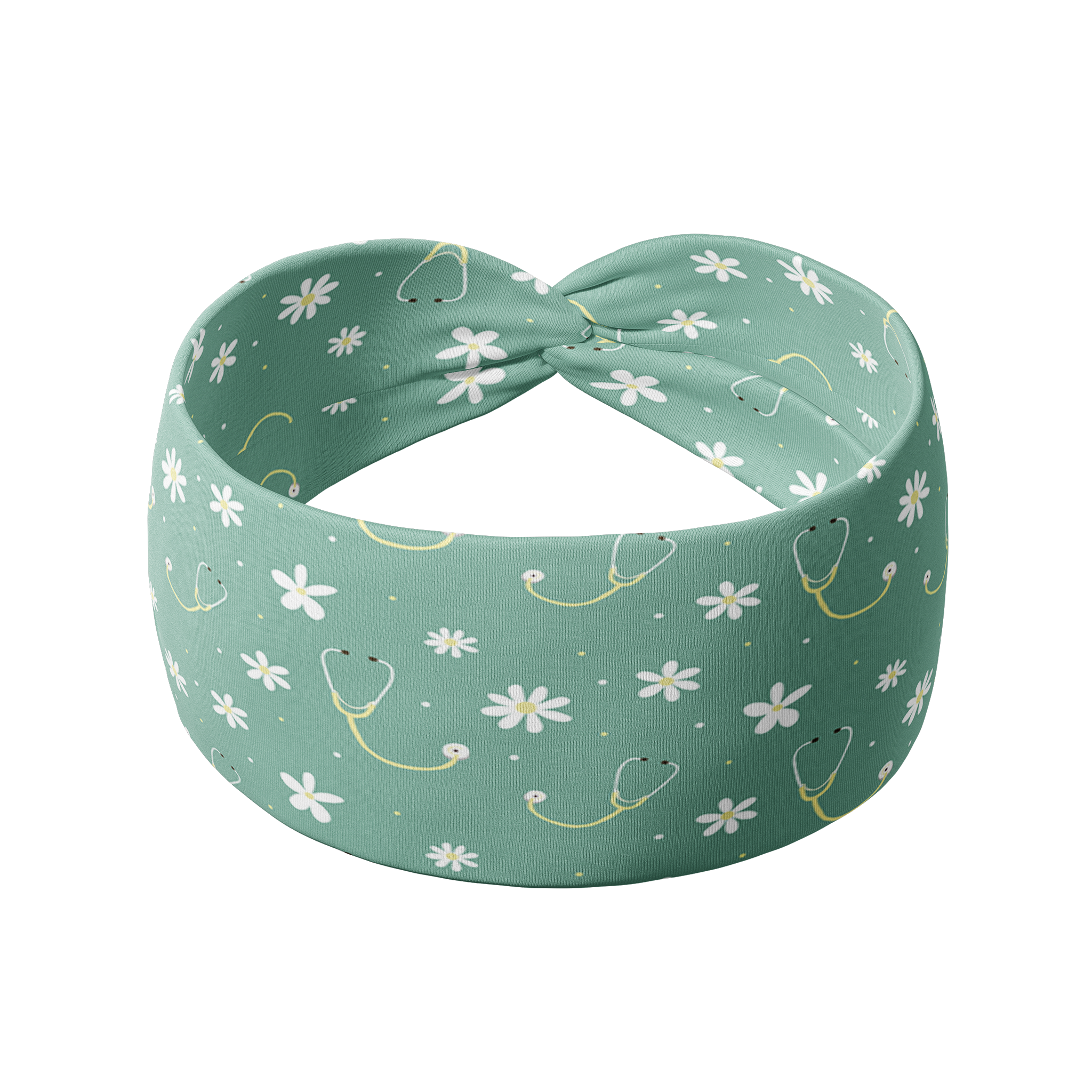 Undiagnosed, But We're Pretty Sure green headband featuring white daisies and yellow stethoscopes, crafted from a buttery-soft, ultra-stretchy poly-knit blend, the most comfortable hair accessory ever.