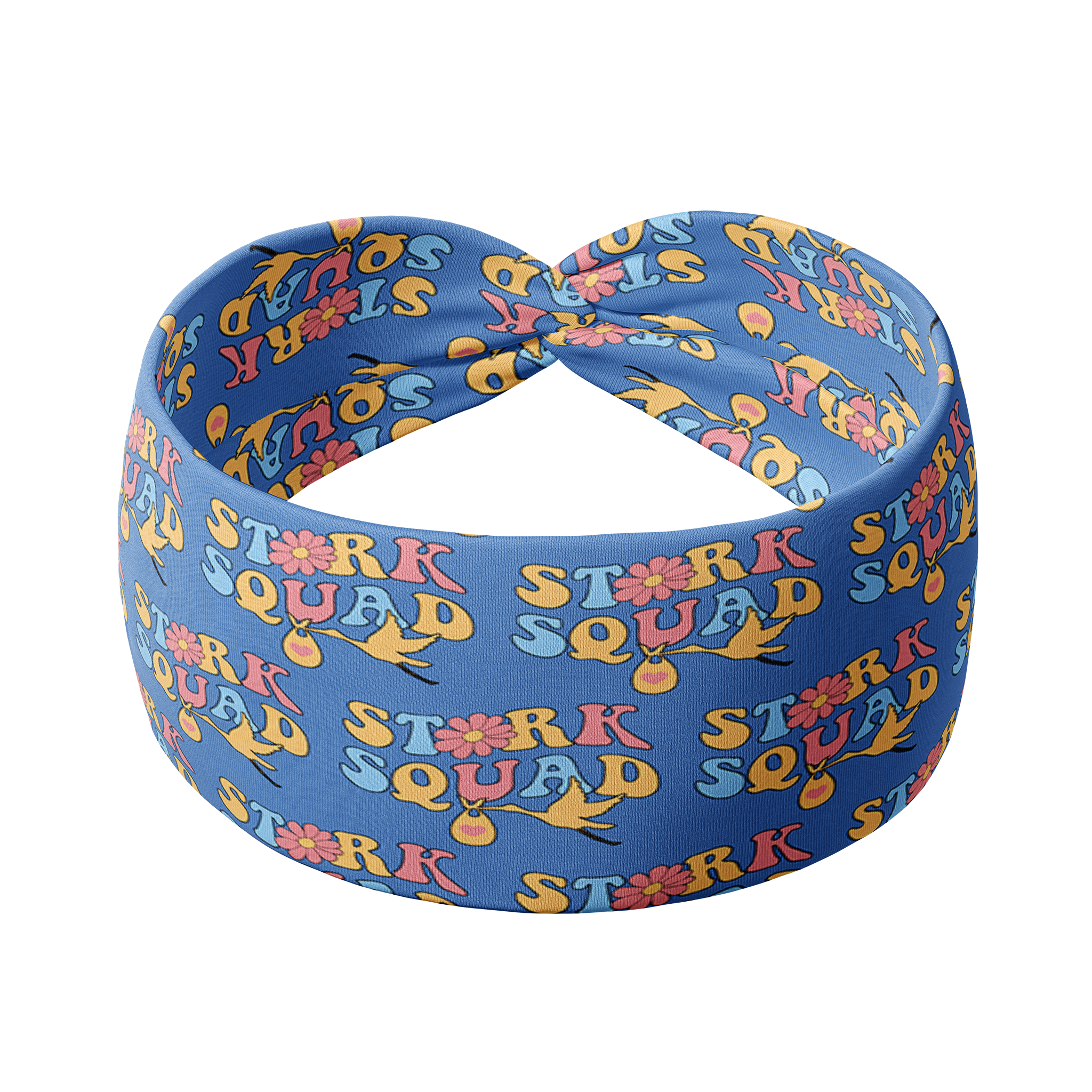 Stork Squad blue headband with stork carrying a bag with a heart pattern. Functional, versatile design for confidence in any activity.