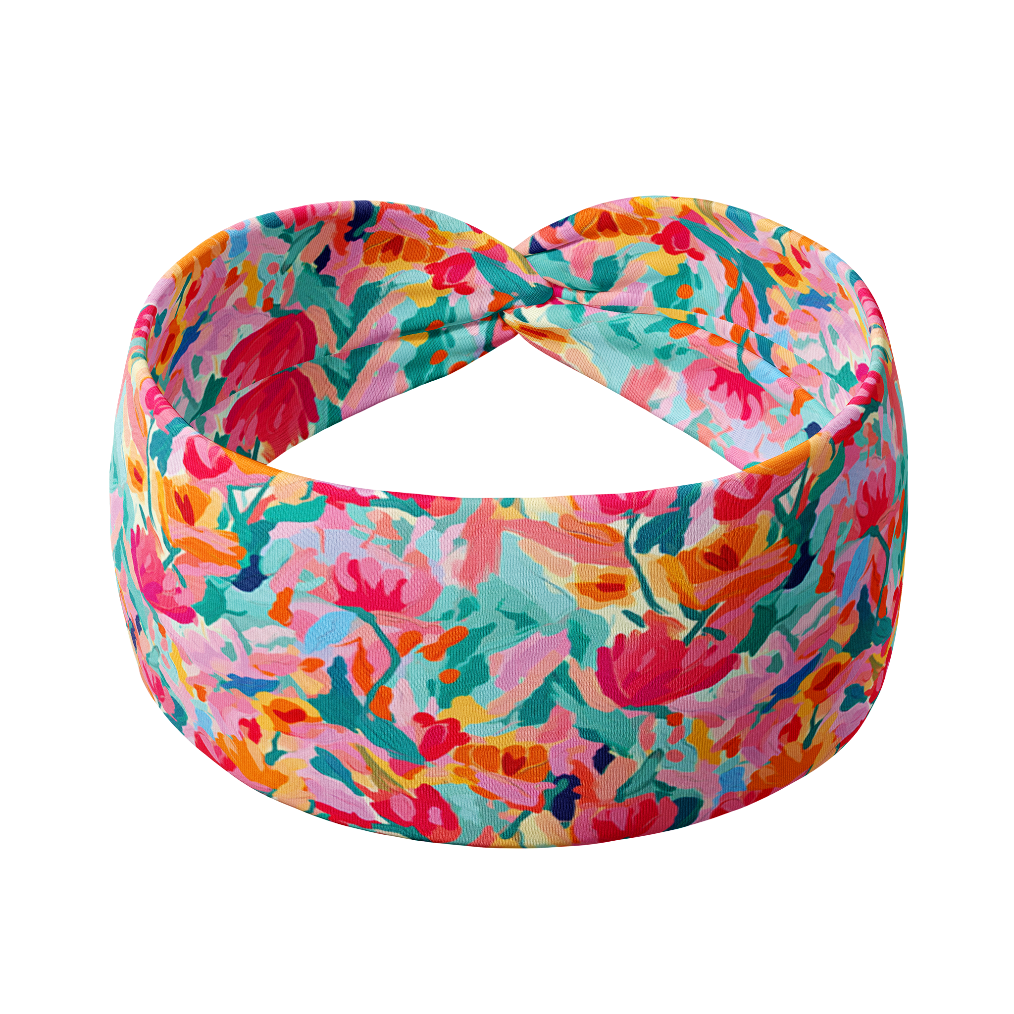Kara Floral on Blue headband with a vivid watercolor floral print, designed for confidence and function. Features a versatile 3-in-1 twist style, sweat-absorbent fabric, and machine washable poly-knit blend. Sizes for women and children available.
