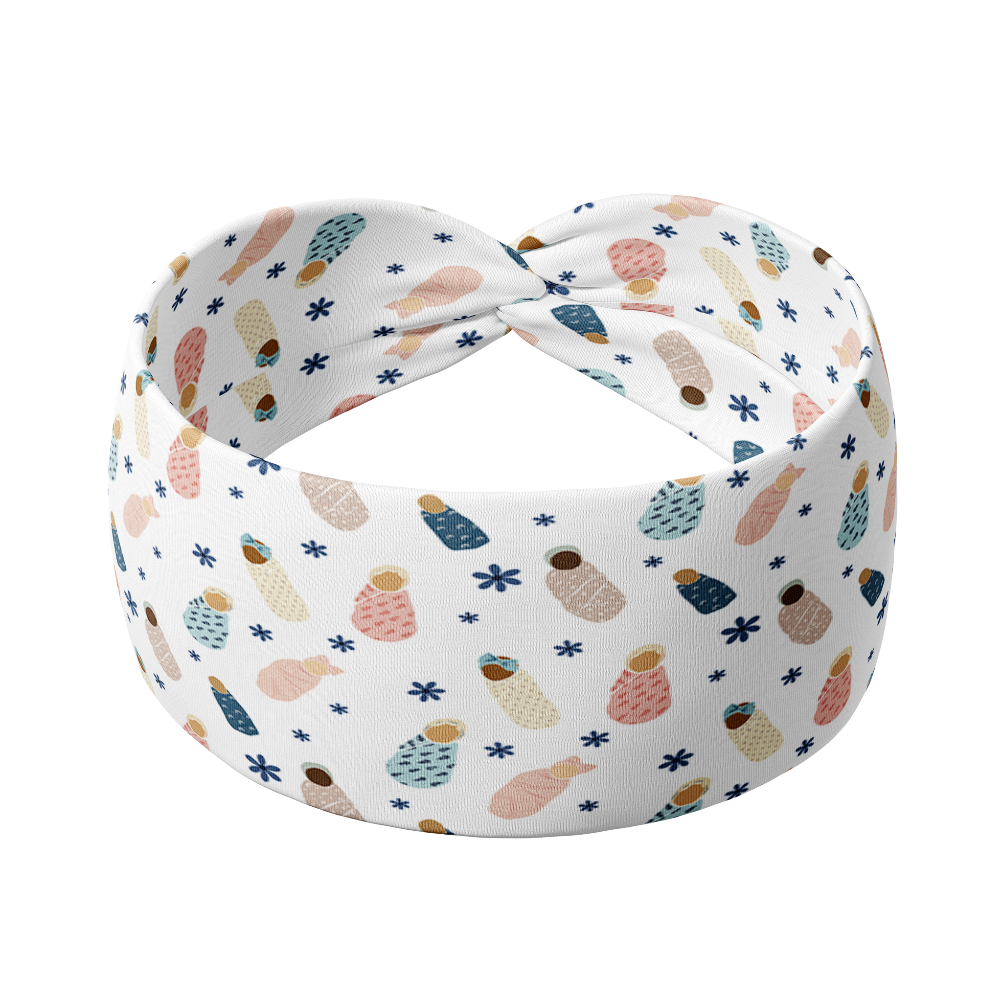 A white headband with babies in blankets pattern on it.