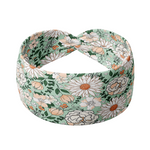 A headband with a white and tan floral pattern, Brandi Floral on Mint, featuring unique daisy flower designs. Versatile 3-in-1 twist style, sweat absorbent, non-slip, machine washable, designed in Springfield, MO. Sizes for women and children.