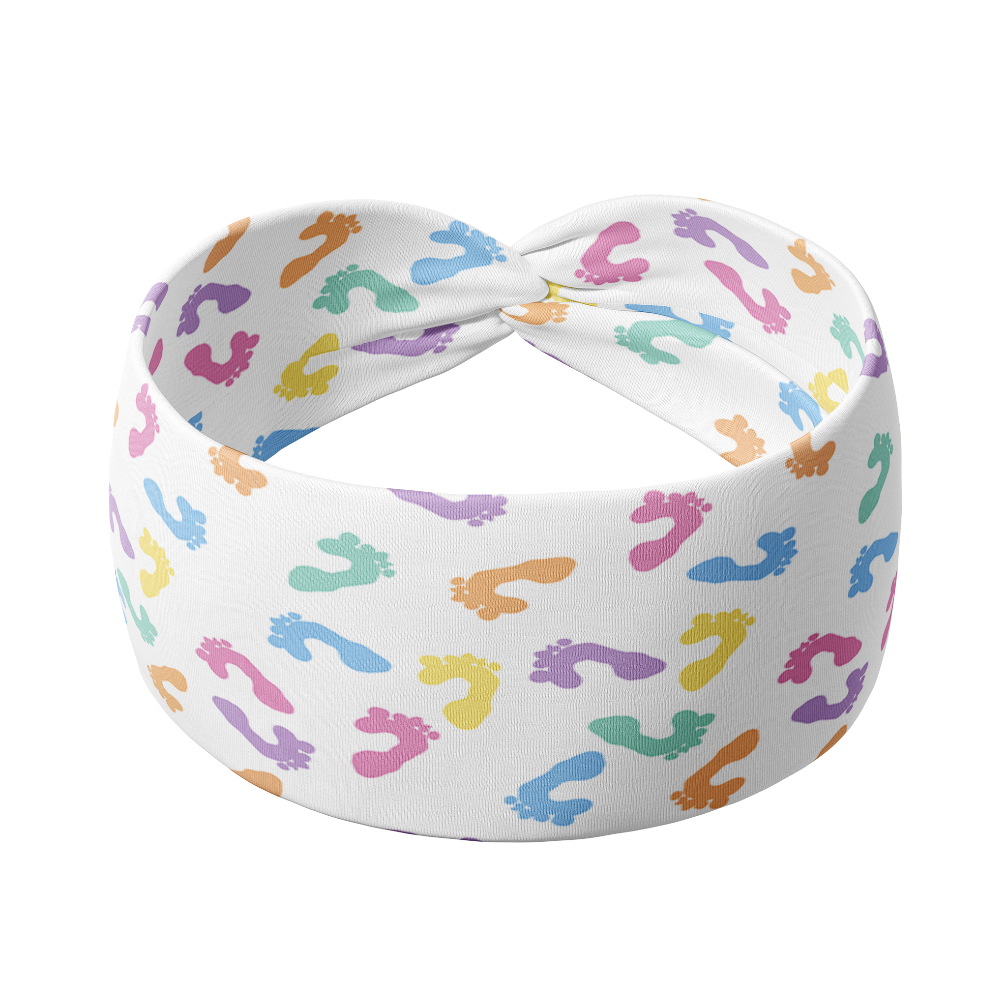 Headband with colorful footprints, versatile 3-in-1 twist style for confident, functional wear.