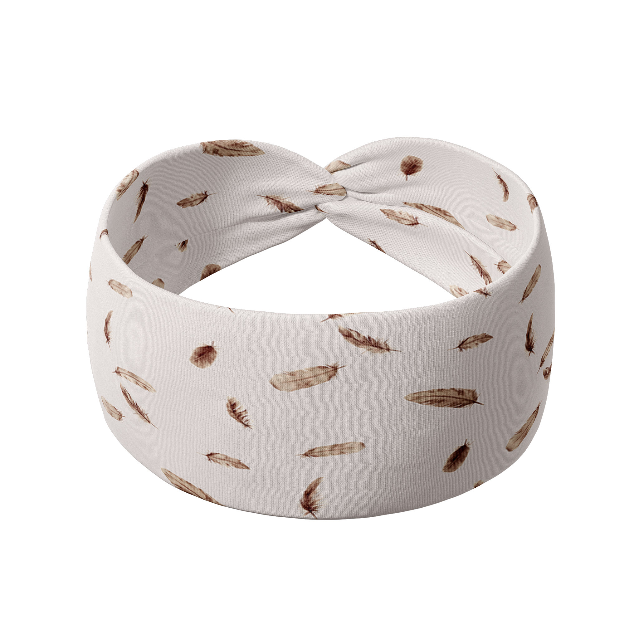 The Corey headband from The Sarah Wallace collection: ivory with brown feathers, versatile 3-in-1 twist style, ultra-stretchy poly-knit blend, sweat absorbent, non-slip, designed for workouts, long shifts, and play days.