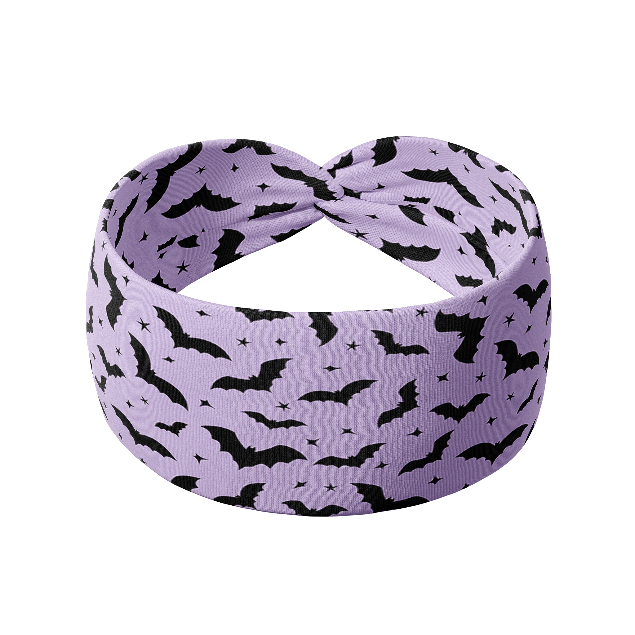 Purple headband with black bat print, titled It's Frickin' Bats, I Love Halloween. Versatile, non-slip, and machine washable, perfect for workouts or daily wear.