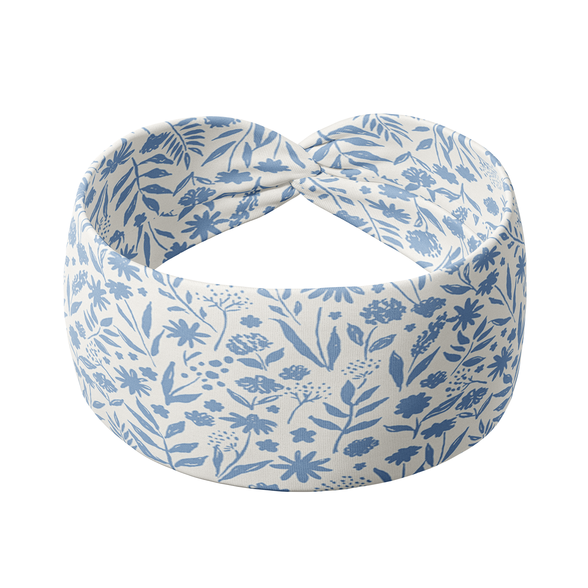Olivia Floral on Ivory headband with a knot and blue floral pattern. Versatile 3-in-1 twist style, sweat absorbent, non-slip, machine washable. Designed for confidence and function.