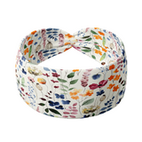 Alyssa Floral on Ivory headband with unique multi-colored floral patterns, machine washable, ultra stretchy poly-knit blend, versatile 3-in-1 twist style, sweat absorbent, non-slip, designed in Springfield, MO.
