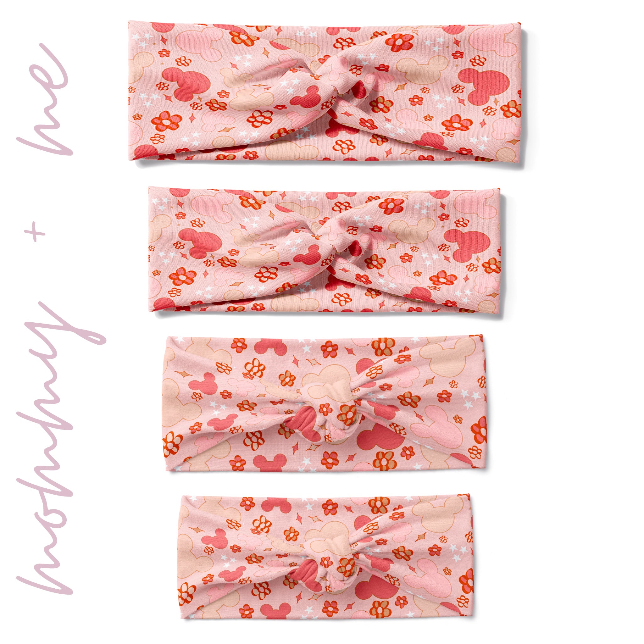 A group of pink twist knot headbands for you and your mini me, featuring Mickey Mouse ears and flower design, with adjustable fit for toddlers and babies.