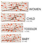 A group of white twist knot headbands for you and your mini me, featuring a pink and red butterfly and flower design, with adjustable fit for toddlers and babies.
