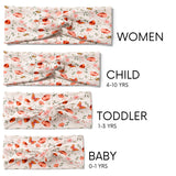 A group of white twist knot headbands for you and your mini me, featuring a pink and red butterfly and flower design, with adjustable fit for toddlers and babies.