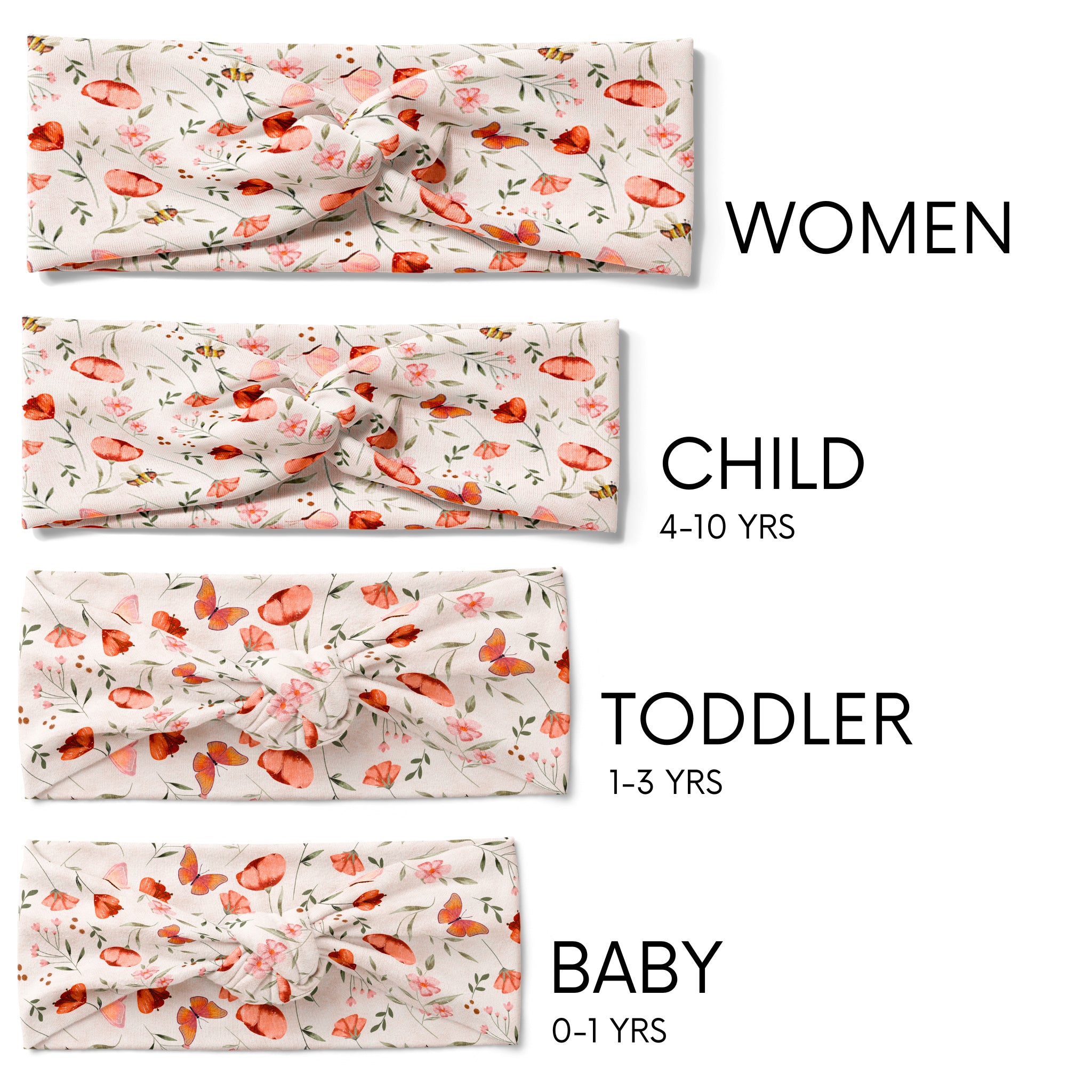 A group of white twist knot headbands for you and your mini me, featuring a pink and red butterfly and flower design, with adjustable fit for toddlers and babies.