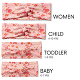 A group of pink twist knot headbands for you and your mini me, featuring Mickey Mouse ears and flower design, with adjustable fit for toddlers and babies.