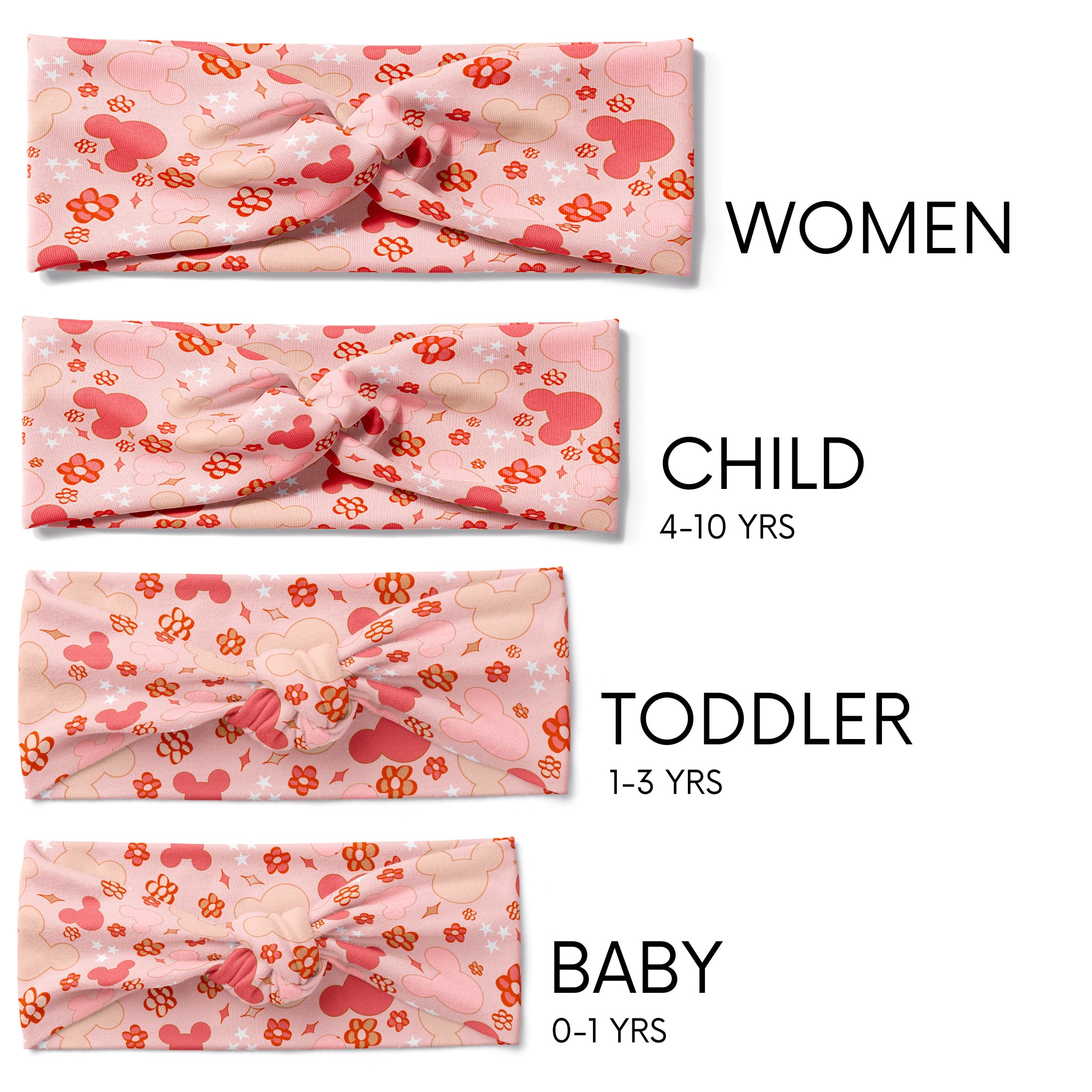 A group of pink twist knot headbands for you and your mini me, featuring Mickey Mouse ears and flower design, with adjustable fit for toddlers and babies.