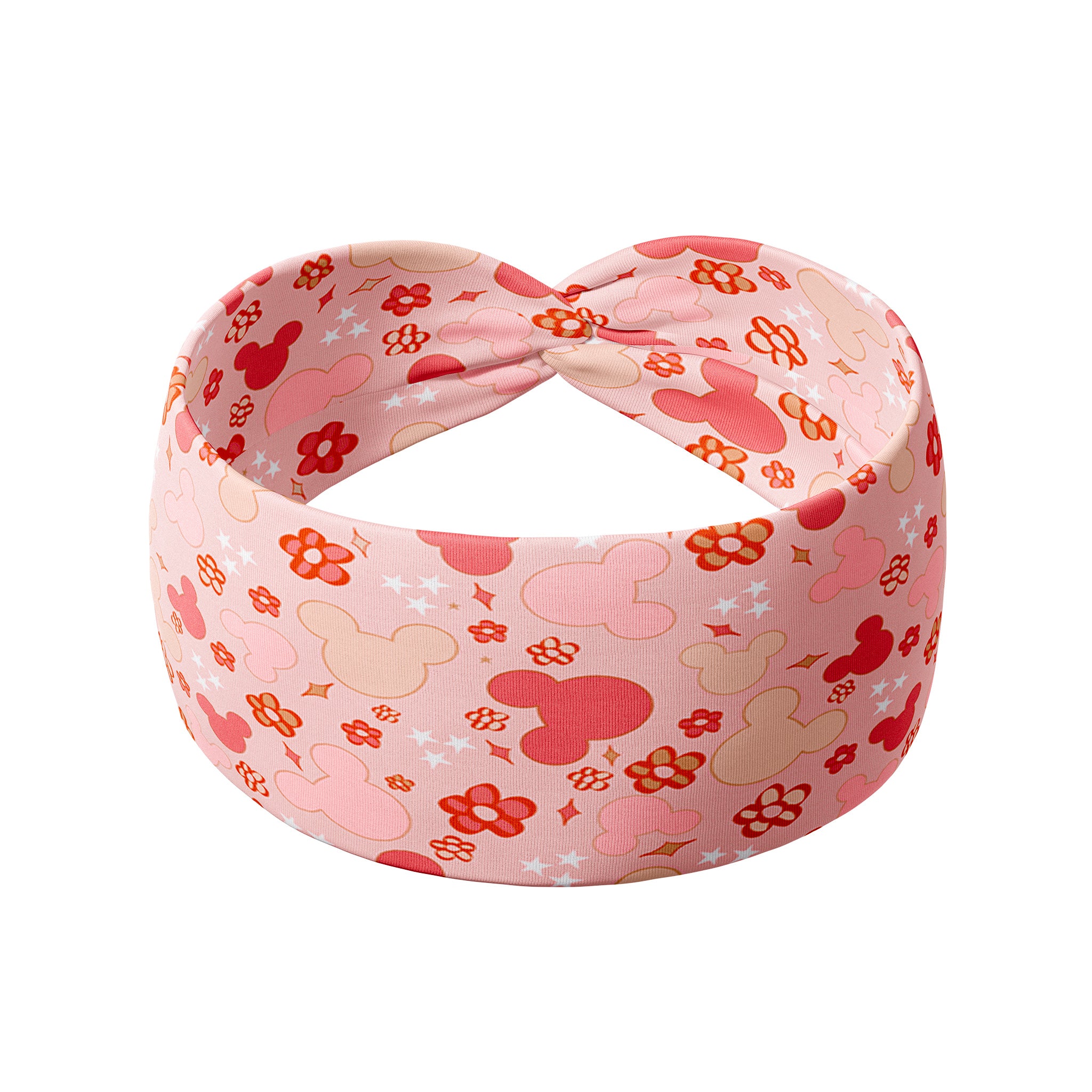 A pink headband with Mickey Mouse shapes and flowers, perfect for your best workout, your longest shift, or your cutest play day.