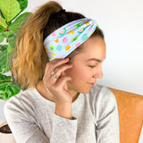 Adult women's soft teal headband with allover marshmallow cereal print