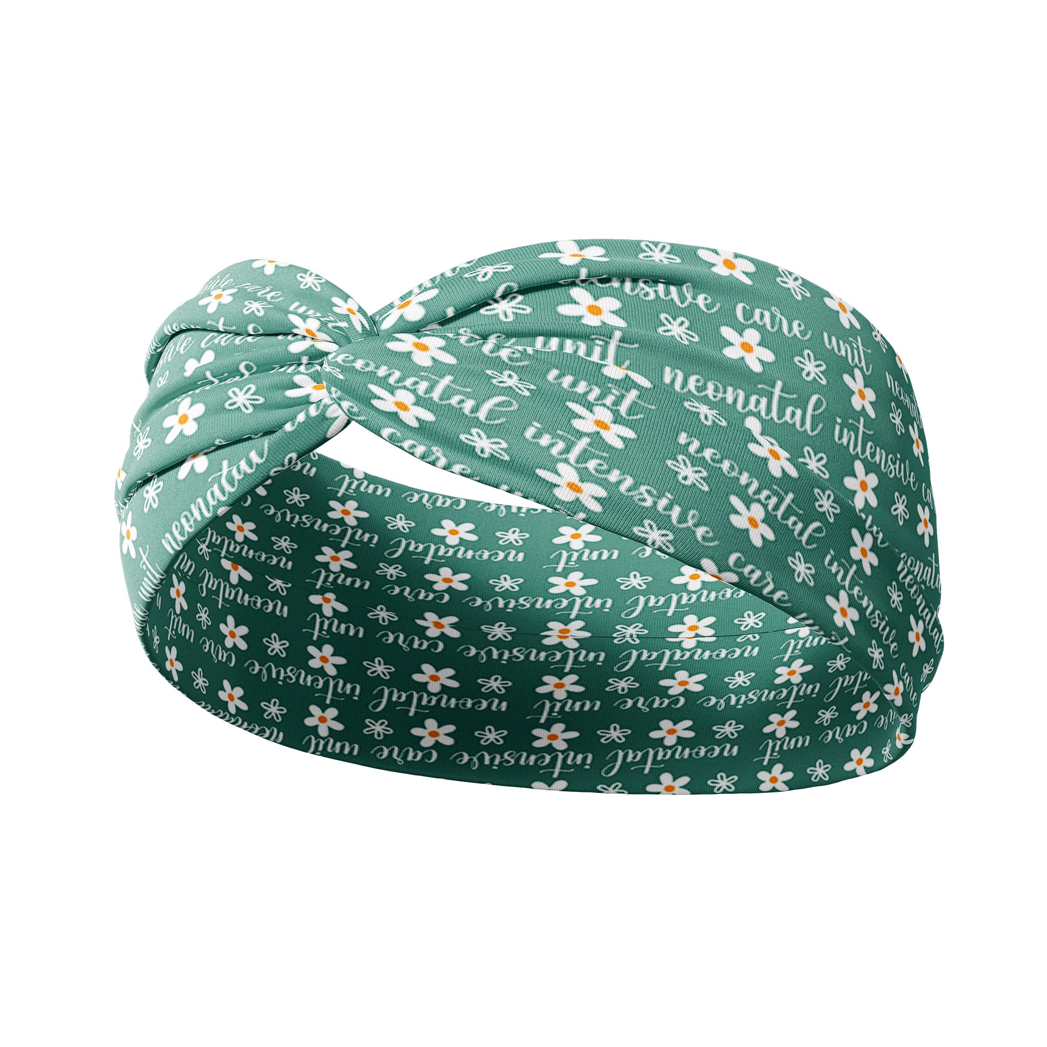 A green headband with white flowers and script saying "neonatal intensive care unit", designed for confidence and functionality. Versatile twist style, sweat-absorbent, non-slip, machine washable. Ideal for workouts, shifts, and play.