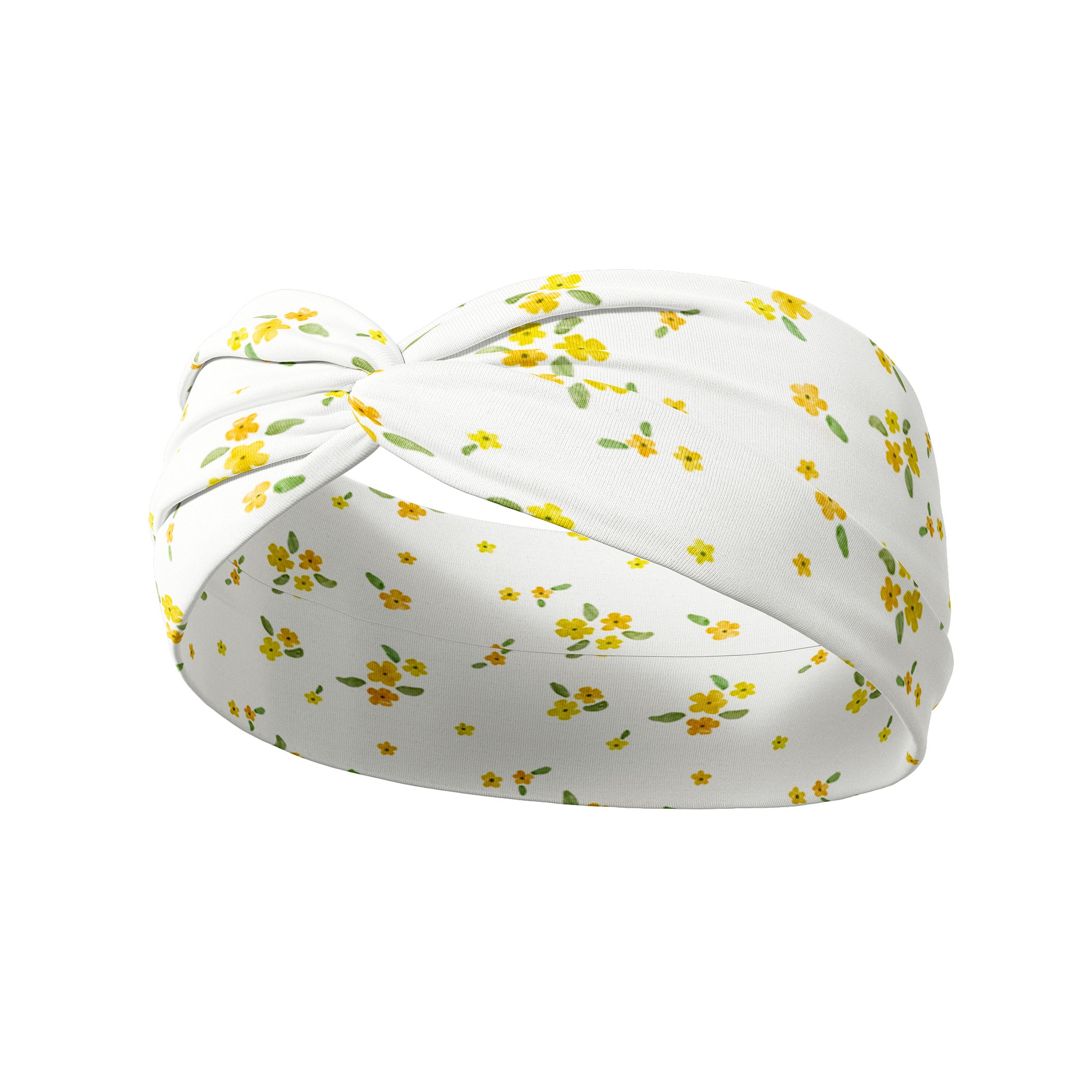 Goldie Floral on Ivory headband featuring small butter yellow flowers, crafted from a buttery-soft, ultra-stretchy poly-knit blend, designed for versatility and comfort.