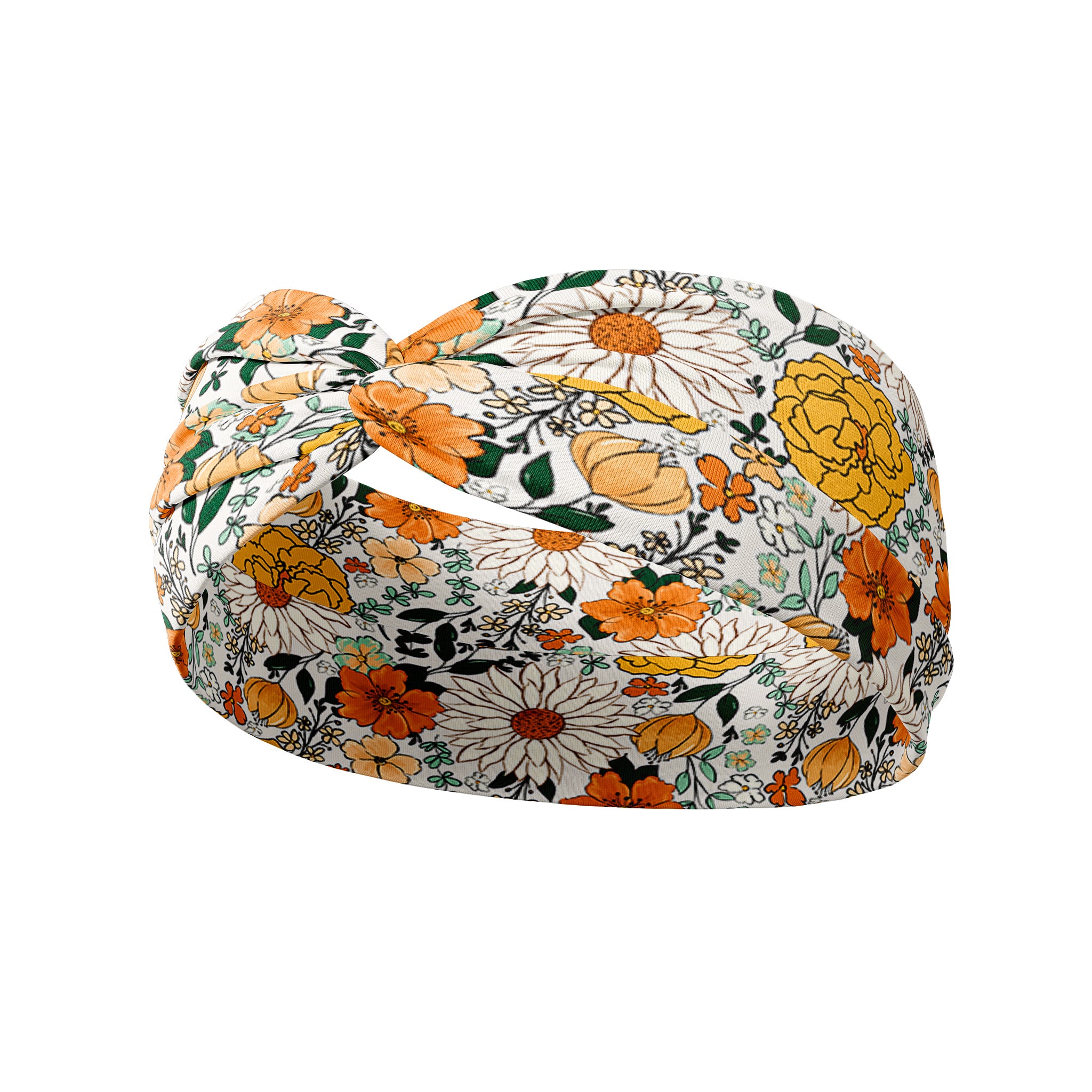 Golden Harvest white headband featuring a orange and gold floral pattern, part of The Jen Hamilton Collection. Designed for comfort and versatility with ultra-stretchy, non-slip fabric.