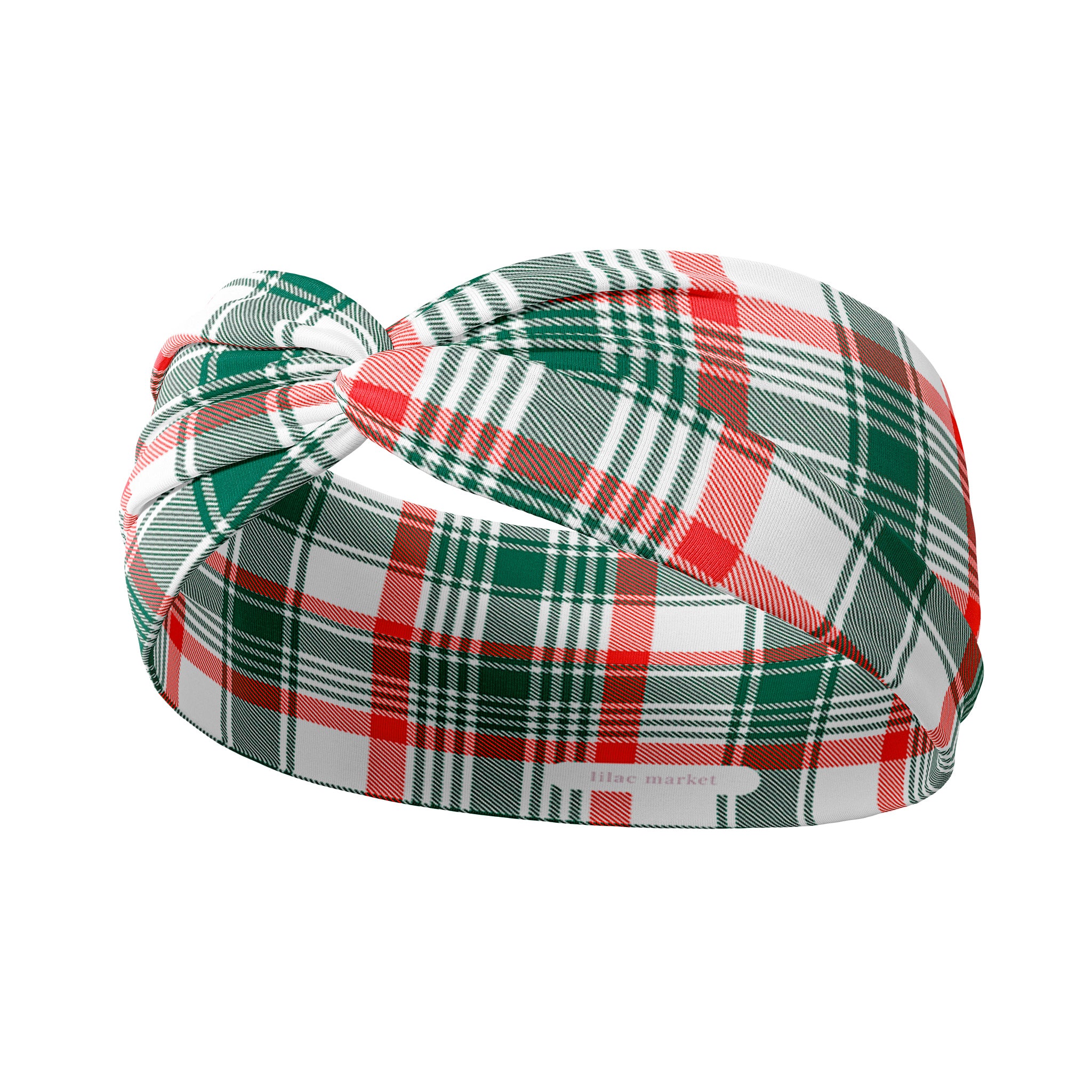 Adult women's white, green and red Christmas plaid headband