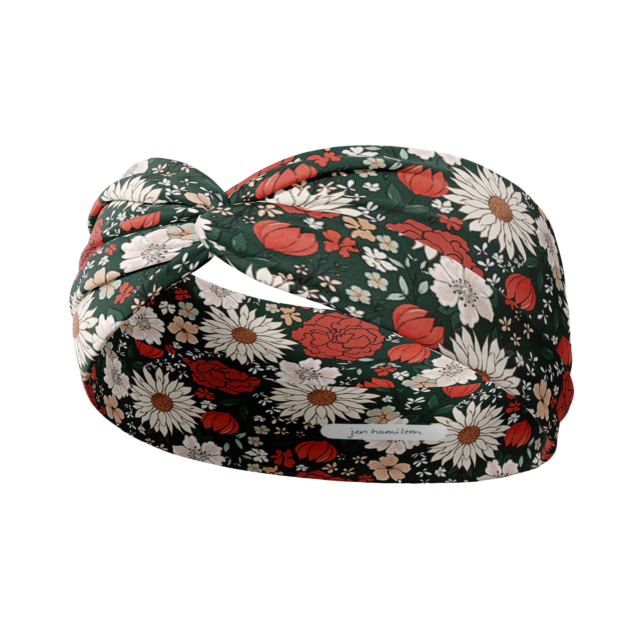Adult women's dark forest green headband with red, white, and beige Christmas flowers